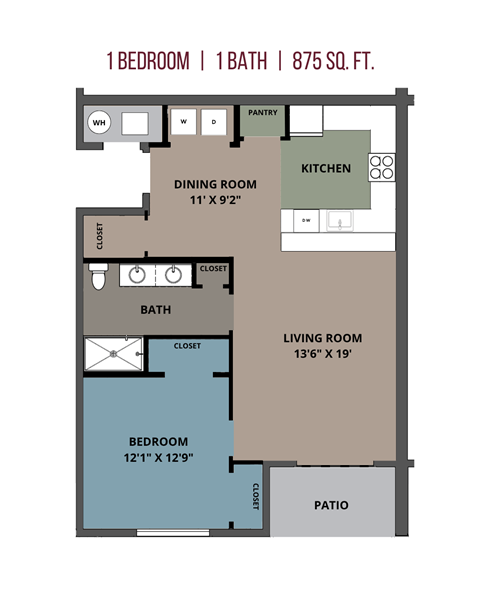 1 bed 1 bath 875 sq ft
